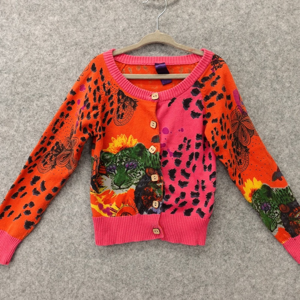 Desigual Cardigan Sweater Girls 5 6 Fitted Orange Pink Leopard Cat Psychedelic